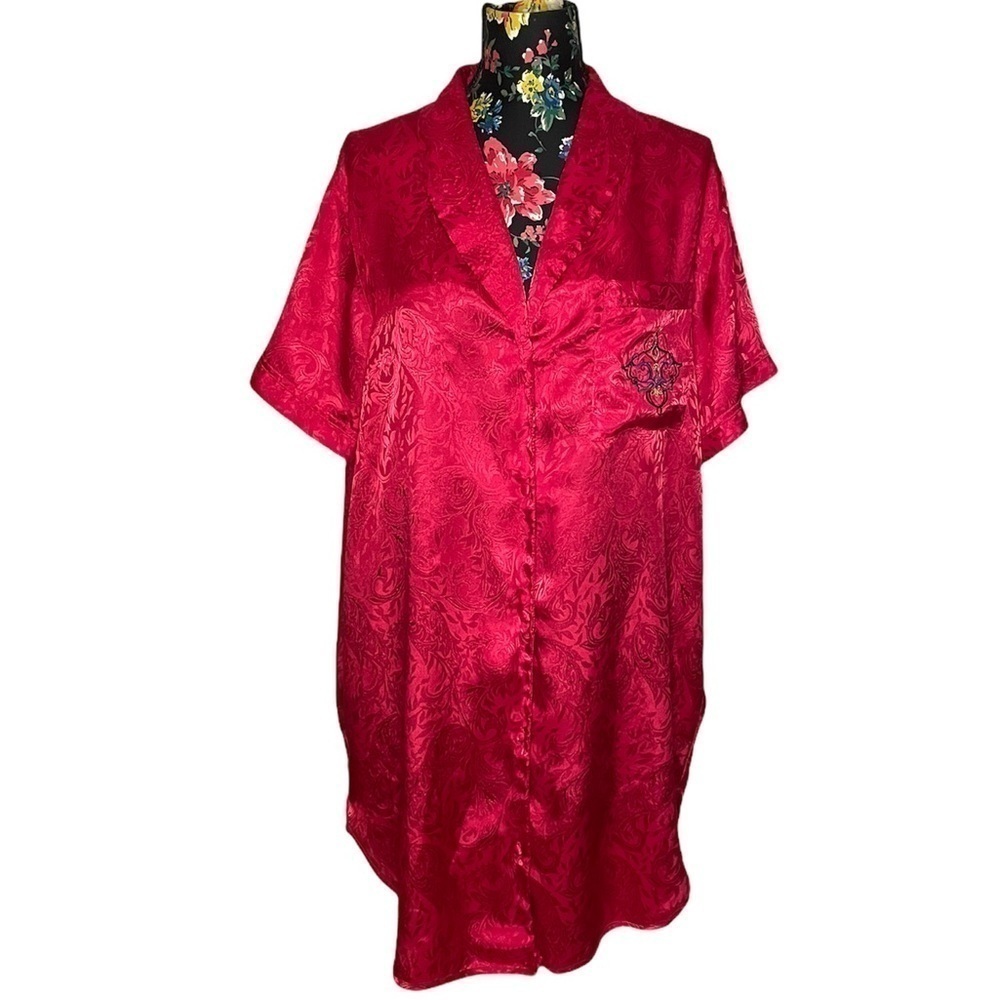 Partners vintage sleeper gown red Night Shirt short sleeve button down silk